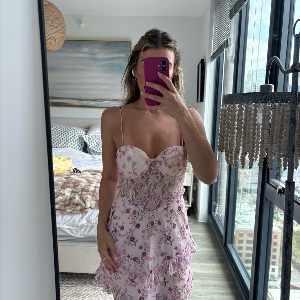 Floral Lace-Panel Pink Summer Dress